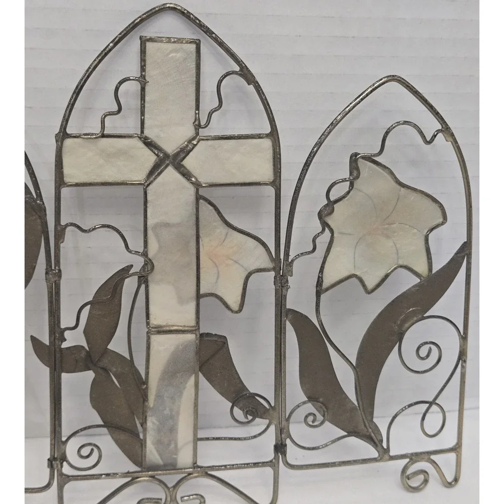 Vtg Capiz Shell Cross Calla Lily Triptych Panel 7.5